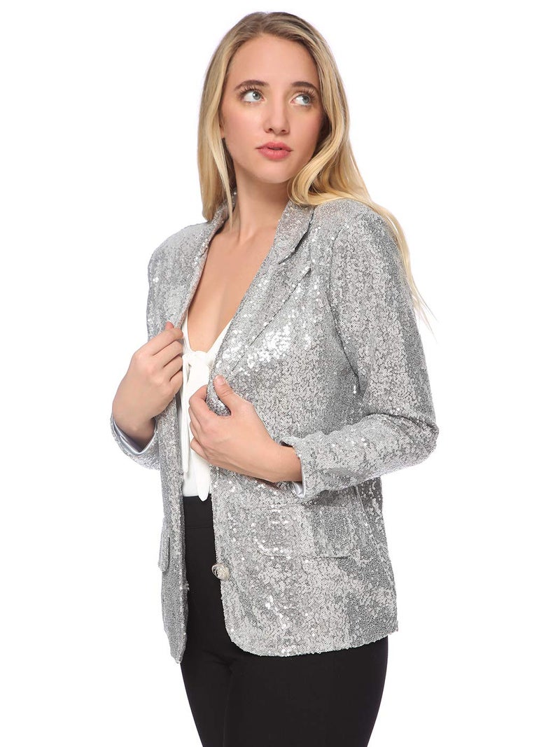 Anna-Kaci Women's Evening Sparkle Sequins Open Front Long Sleeve Blazer Jacket,Silver,Large - Image 4